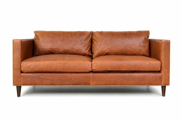 Lux & Borough Astoria style mid-century modern sofa with sloped track arms and tall tapered wood legs.