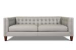 Lux & Borough Belmount style modern leather sofa in rich brown with thick track arms and low-profile dark block feet.