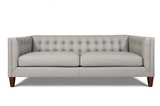 Lux & Borough Belmount style modern leather sofa in rich brown with thick track arms and low-profile dark block feet.