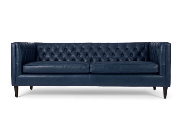 Lux & Borough Davenport style classic dress-maker skirted sofa with soft rolled arms and crisp box cushions.