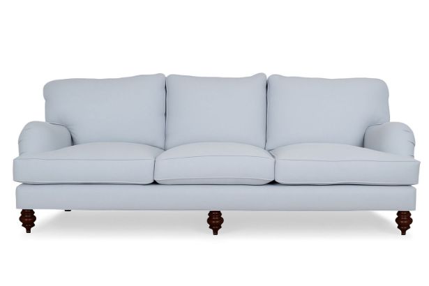 Lux & Borough Duchesse style French Provincial carved wood frame sofa with tight camelback styling.