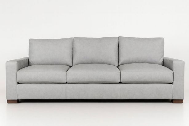 Lux & Borough Lancaster style modern sofa in warm cognac brown leather with thin track arms and a low-profile base.