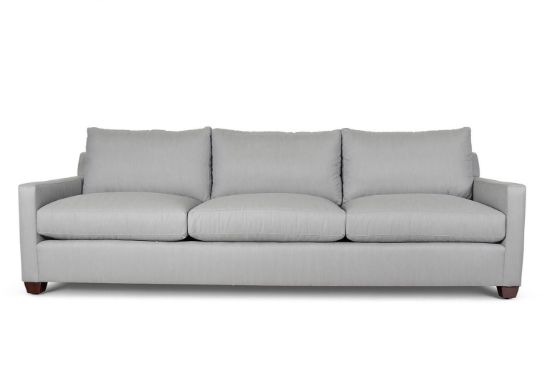 Lux & Borough Montclair style contemporary sofa in textured white bouclÃ© fabric with a low-profile base and plush loose cushions.