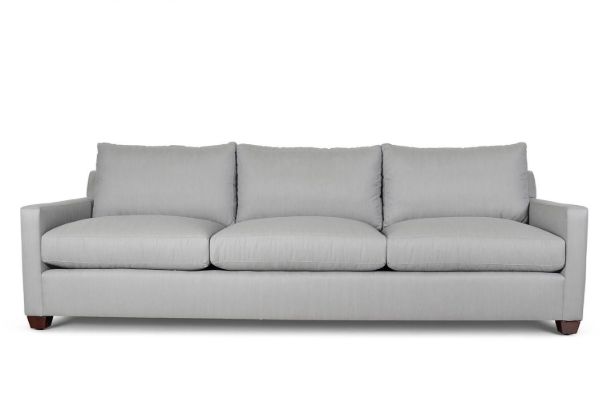 Lux & Borough Montclair style contemporary sofa in textured white bouclÃ© fabric with a low-profile base and plush loose cushions.