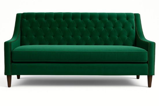 Lux & Borough Preston style contemporary sofa in plush olive green velvet with clean track arms and low-profile dark block feet.