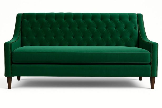 Lux & Borough Preston style contemporary sofa in plush olive green velvet with clean track arms and low-profile dark block feet.