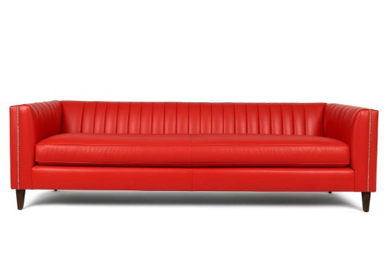 Lux & Borough Savoy style traditional Chesterfield sofa in vibrant orange leather with deep diamond button tufting and rolled arms.