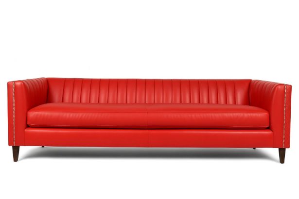 Lux & Borough Savoy style traditional Chesterfield sofa in vibrant orange leather with deep diamond button tufting and rolled arms.