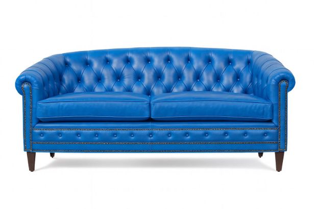Lux & Borough Stafford style tuxedo sofa in rich navy blue leather featuring deep vertical channel tufting and a low-profile base.