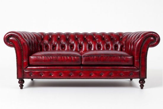 Lux & Borough Windsor style classic Chesterfield sofa in rich burgundy leather with deep diamond button tufting and rolled arms.
