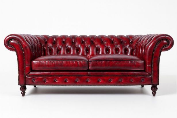 Lux & Borough Windsor style classic Chesterfield sofa in rich burgundy leather with deep diamond button tufting and rolled arms.
