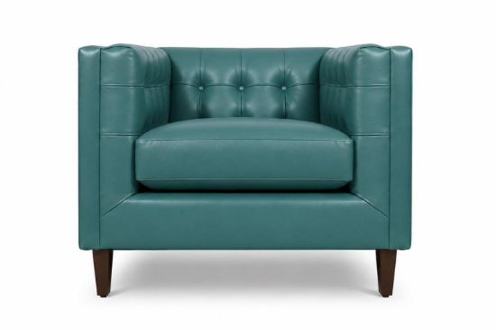 Lux and Borough Belmont style custom accent chair featuring an elegant curved shield backrest, sloping integrated arms, a tailored plush seat cushion, and sleek tapered legs.