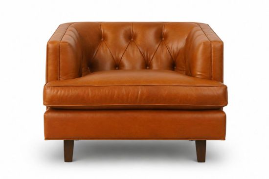 Lux and Borough Grantham style custom accent armchair featuring clean, linear track arms, a structured tight backrest, a plush seat cushion, and minimalist square tapered wooden legs.