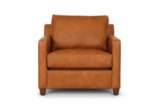 Lux and Borough Montclair style custom accent chair featuring a beautifully contoured, rounded barrel back profile, crisp integrated shelter arms, a deep circular seat cushion, and an elegant hidden swivel base.