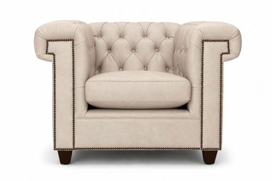 Lux and Borough Nottingham style custom accent armchair featuring a deeply button-tufted backrest and inner arms, elegantly rolled armrests, a plush tailored seat cushion, and classic turned dark wood legs.