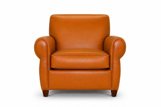 Lux and Borough Dover style custom accent chair featuring a modern, low-profile shelter back silhouette, cozy enveloping arms, a deep plush seat cushion, and minimalist square wood legs.