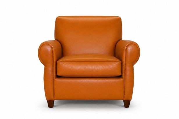 Lux and Borough Dover style custom accent chair featuring a modern, low-profile shelter back silhouette, cozy enveloping arms, a deep plush seat cushion, and minimalist square wood legs.