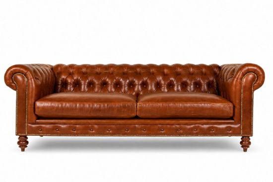 Lux & Borough Kensington style chesterfield sofa in warm tan leather with deep diamond button tufting and rolled arms.
