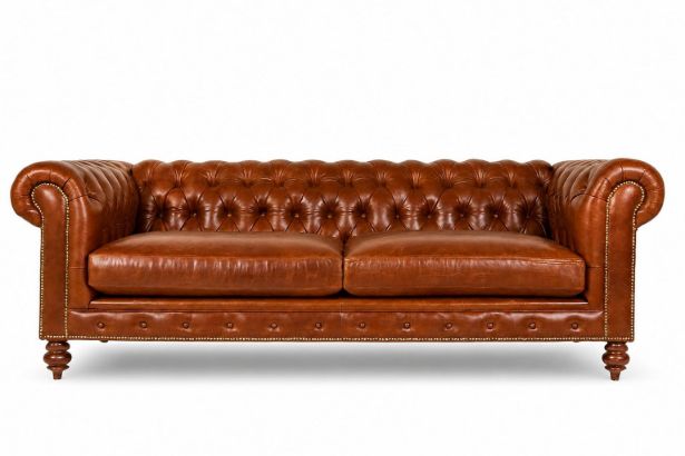 Lux & Borough Kensington style chesterfield sofa in warm tan leather with deep diamond button tufting and rolled arms.