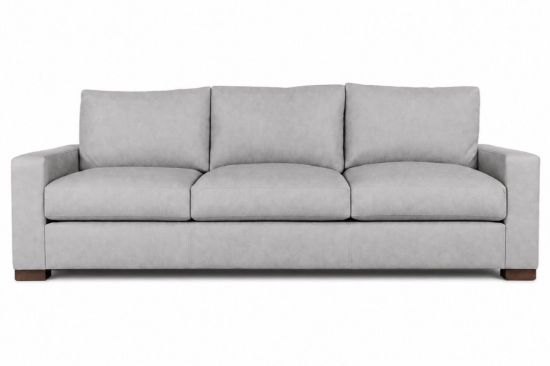 Lux & Borough Lancaster style modern sofa in warm cognac brown leather with thin track arms and a low-profile base.