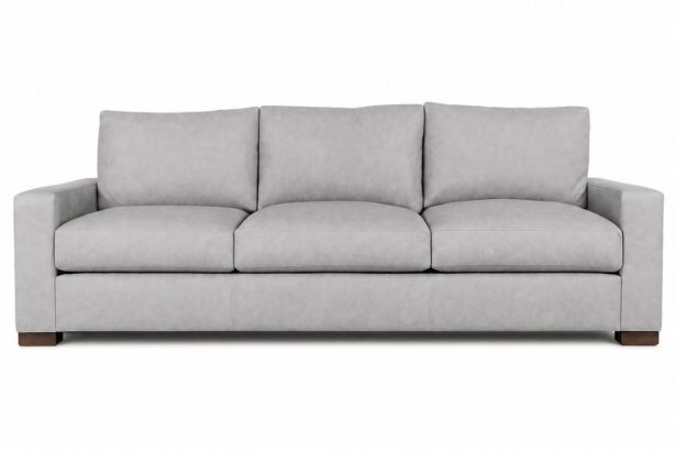 Lux & Borough Lancaster style modern sofa in warm cognac brown leather with thin track arms and a low-profile base.