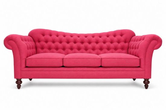 Lux & Borough Antoinette style tufted chesterfield sofa in vibrant pink fabric with turned wooden legs.