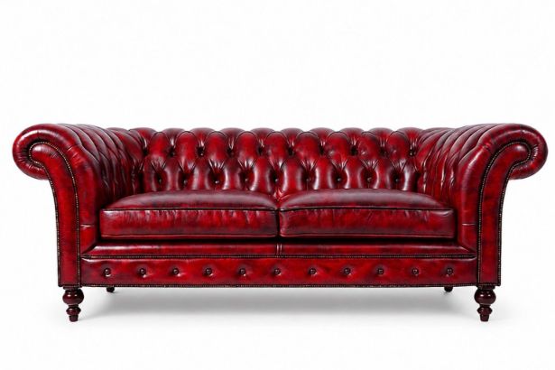 Lux & Borough Windsor style classic Chesterfield sofa in rich burgundy leather with deep diamond button tufting and rolled arms.